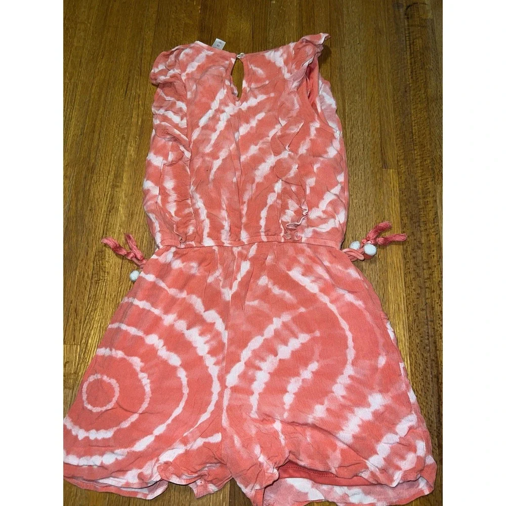Justice Girls 16 Peach White Tie-Dye‎ Tassel Ruffle Sleeveless Short Romper